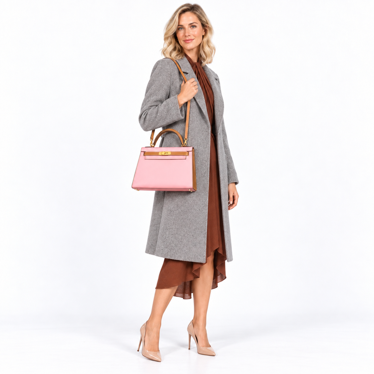 Hermès Kelly 28 Sellier HSS Rose Confetti & Gold Epsom Brushed Gold Hardware - 2017 shown on a model