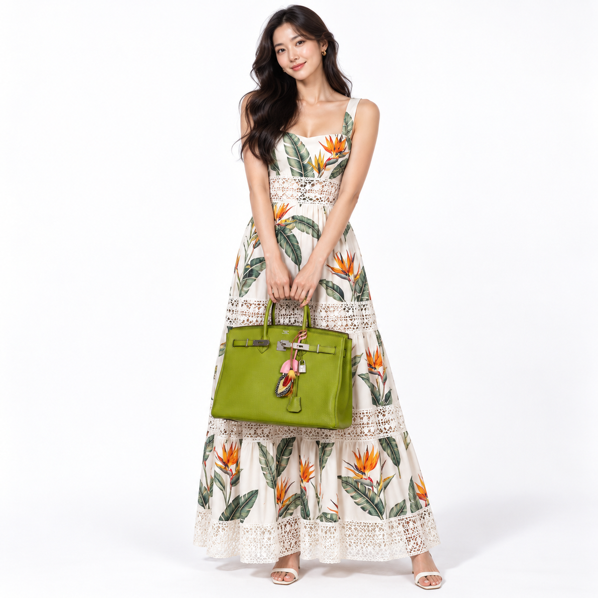 Hermès Birkin 35 Vert Anis Togo with Palladium Hardware shown on a model