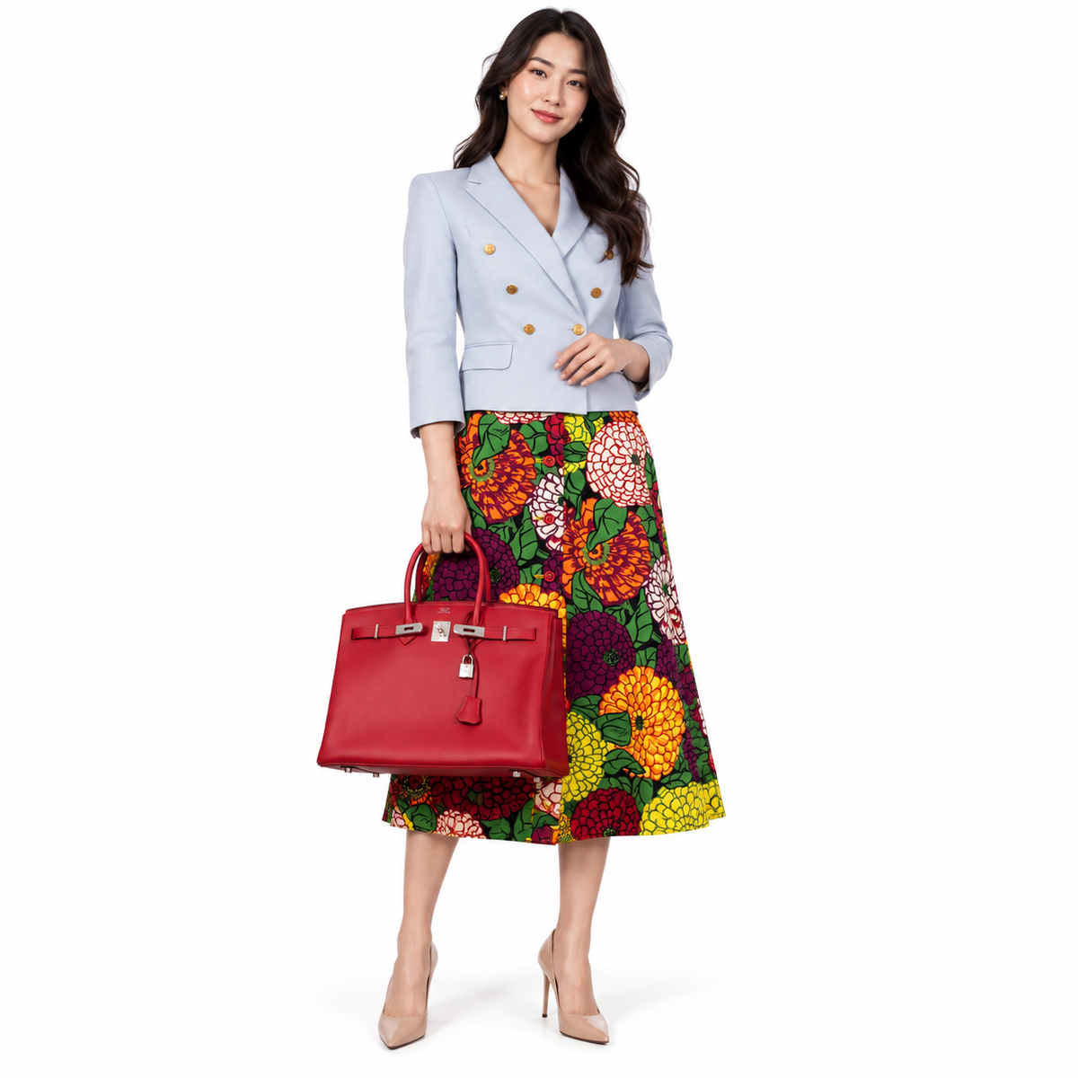 Hermès Birkin 35 Rouge Vif Epsom with Palladium Hardware shown on a model
