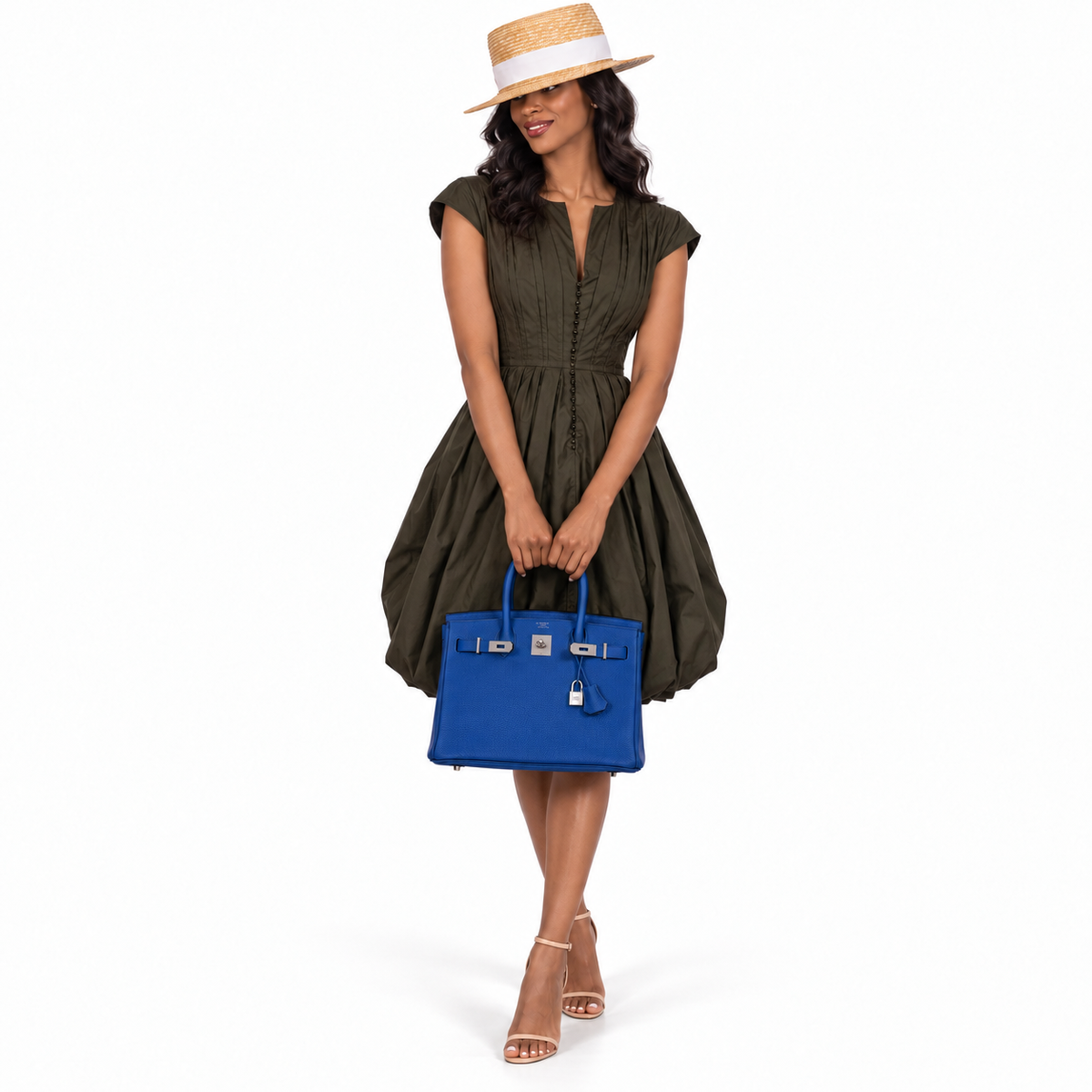 Hermès HSS Birkin 30 Blue Electric Togo with Brushed Palladium Hardware shown on a model