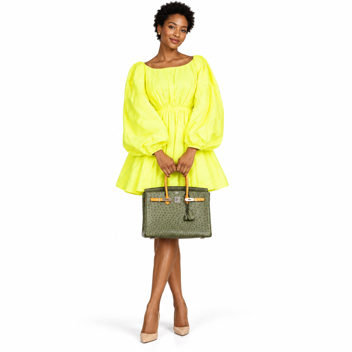 Hermès Birkin 35 Special Order Vert Olive & Sable Ostrich Palladium Hardware shown on a model