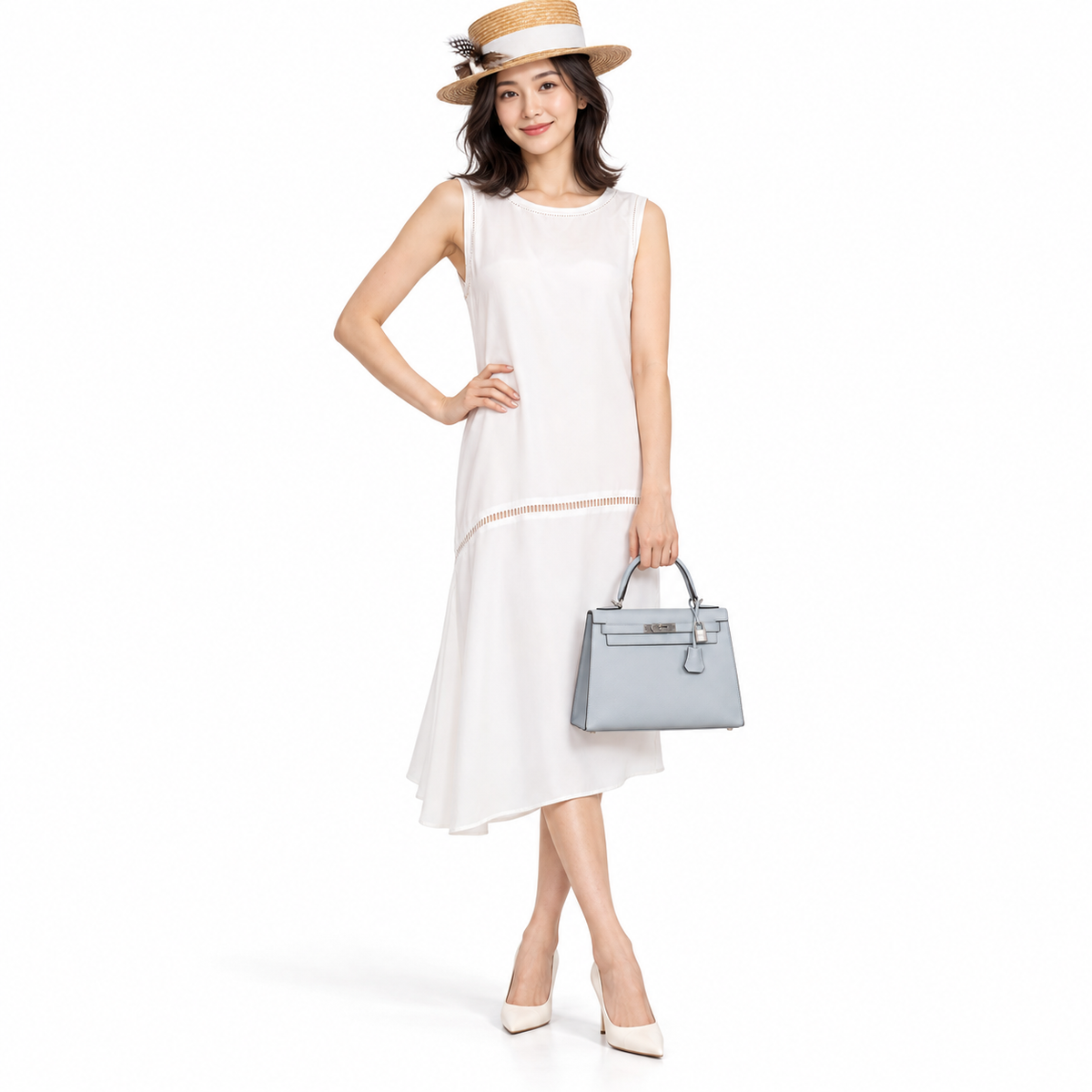 Hermès Kelly 28 Sellier Blue Glacier Epsom Palladium Hardware shown on a model