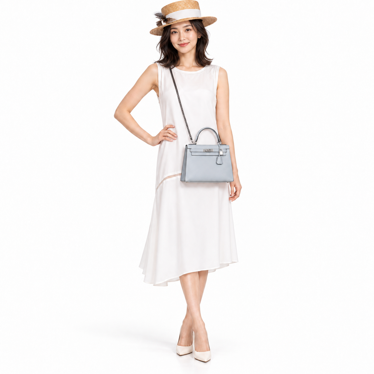 Hermès Kelly 28 Sellier Blue Glacier Epsom Palladium Hardware shown on a model