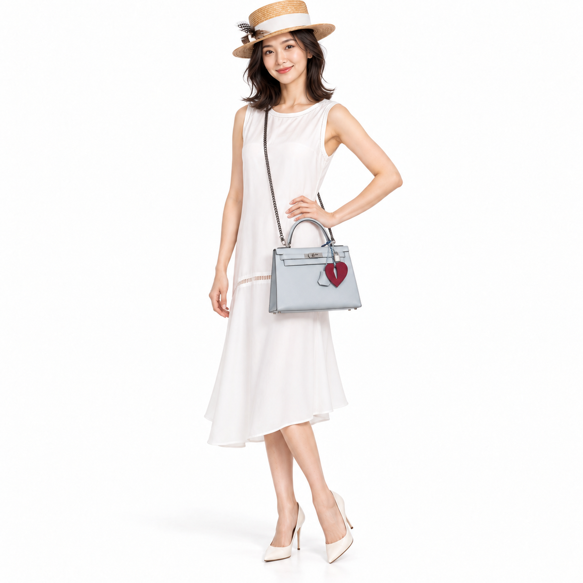 Hermès Kelly 28 Sellier Blue Glacier Epsom Palladium Hardware shown on a model