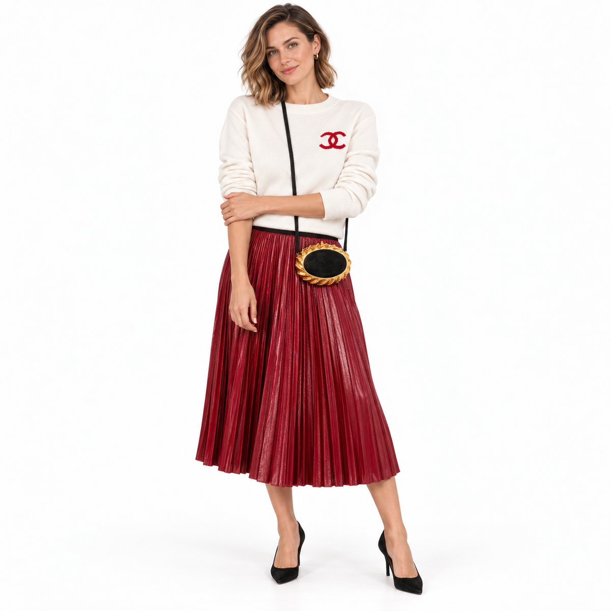 Hermès handbag on a human model in a white studio, view 12