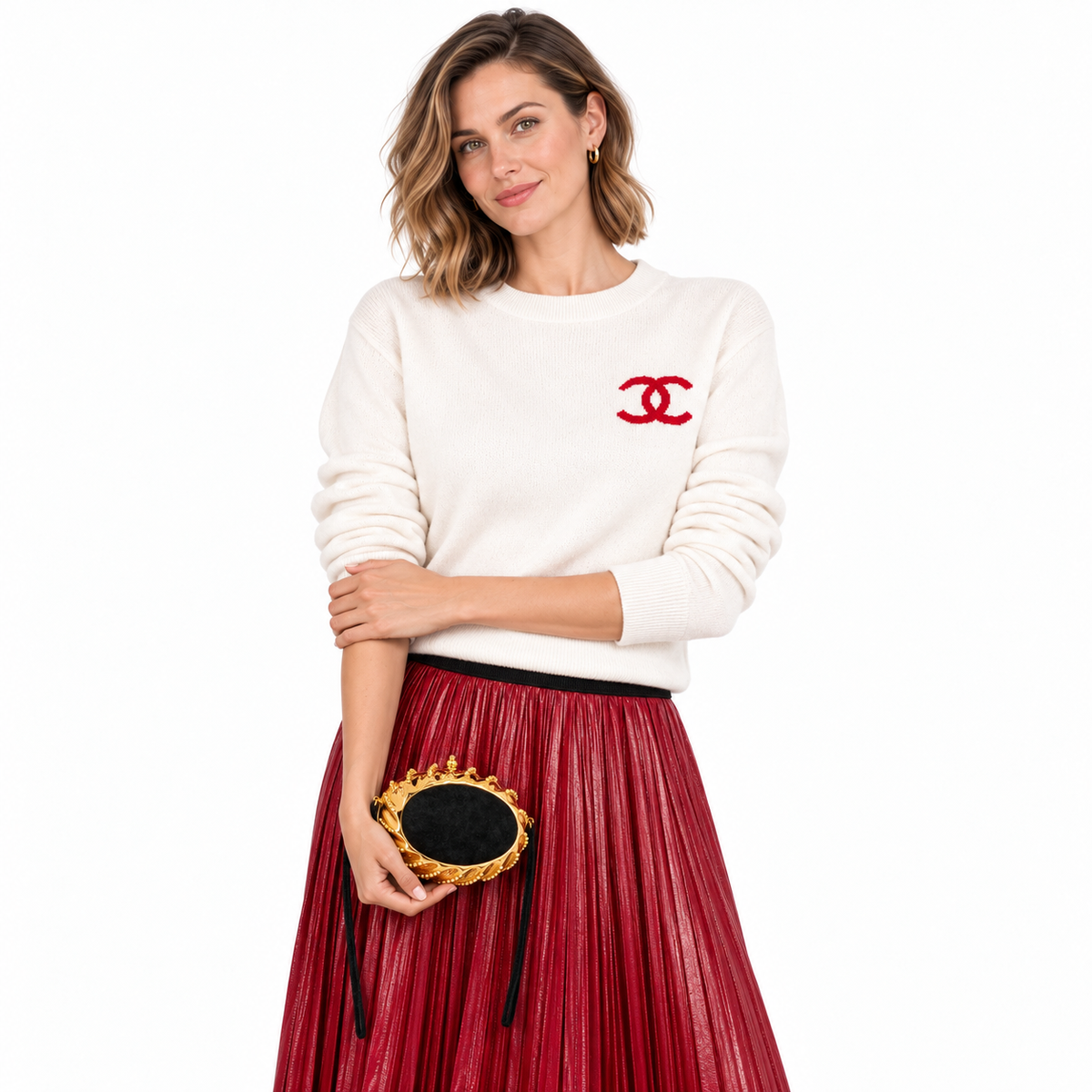 Hermès handbag on a human model in a white studio, view 15