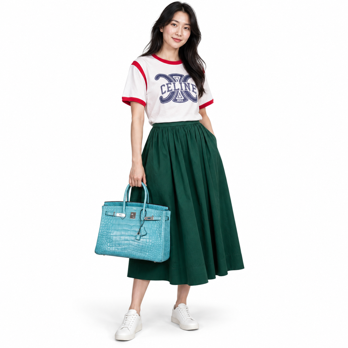 Hermès Birkin 35 Blue Atoll Matte Alligator Palladium Hardware — studio model view
