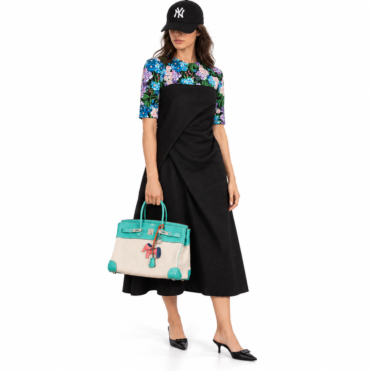 Hermès Birkin 35 Lagoon Swift And Toile Palladium Hardware — human model studio view 5