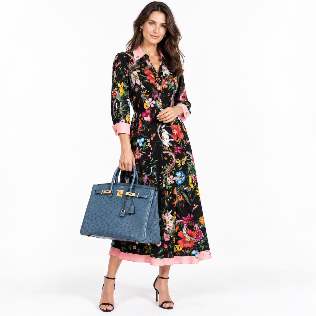 Hermès Birkin 35 Blue Roi Ostrich Gold Hardware — human model studio view 2