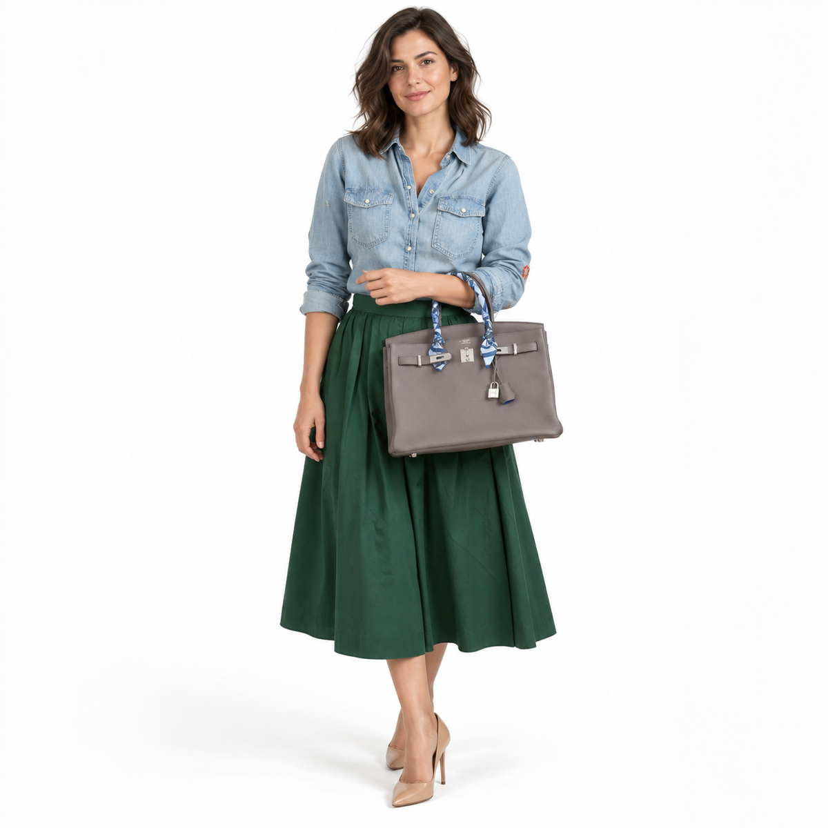 Hermès Birkin 35 HSS Etain With Blue Electric Togo Palladium Hardware modeled in a white studio