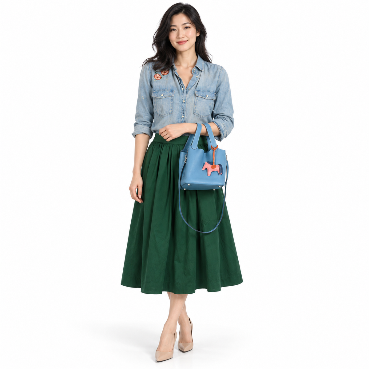 Hermès Picotin Lock PM And Dogon Wallet Blue Jean Combo Togo Palladium Hardware modeled in a white studio