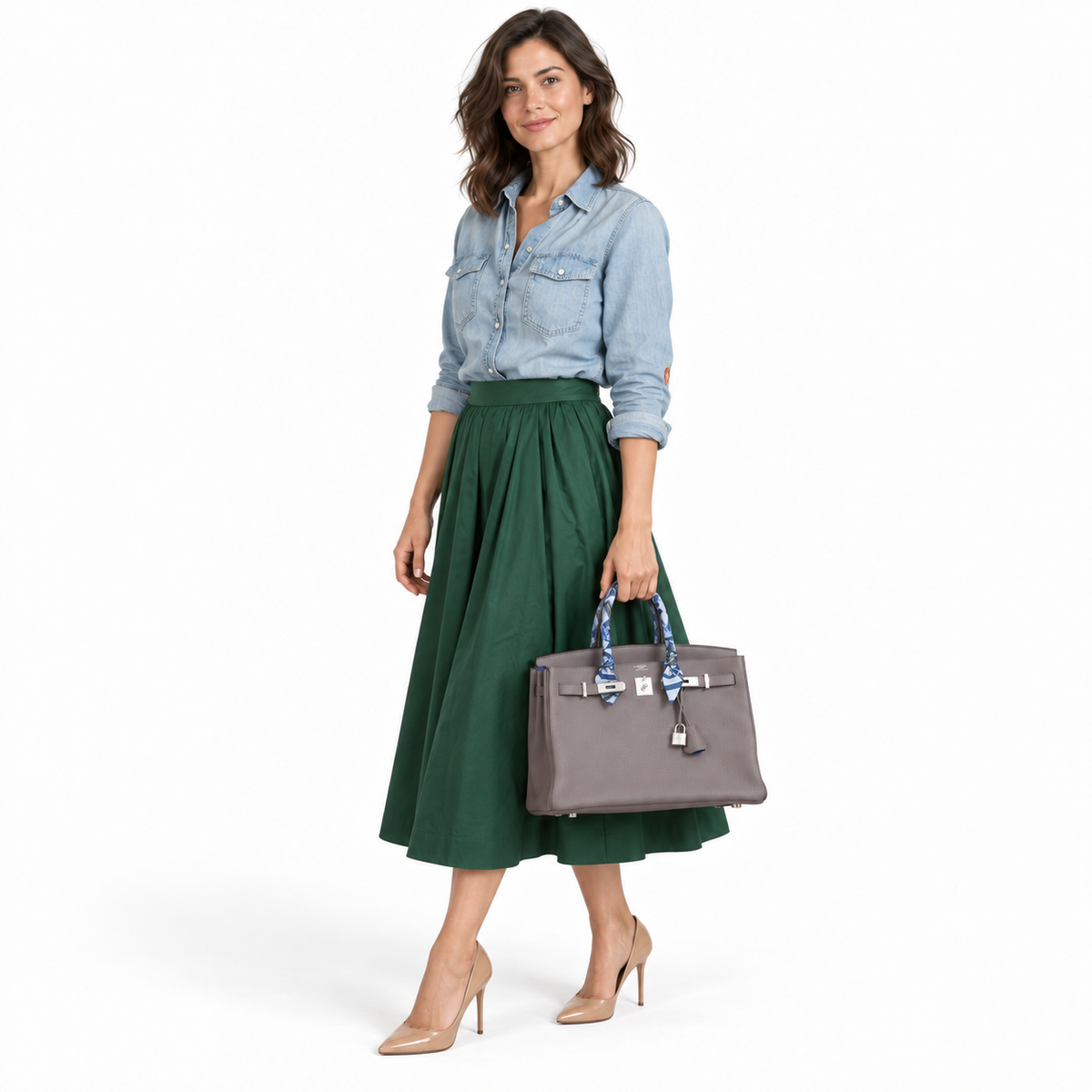 Hermès Birkin 35 HSS Etain With Blue Electric Togo Palladium Hardware modeled in a white studio