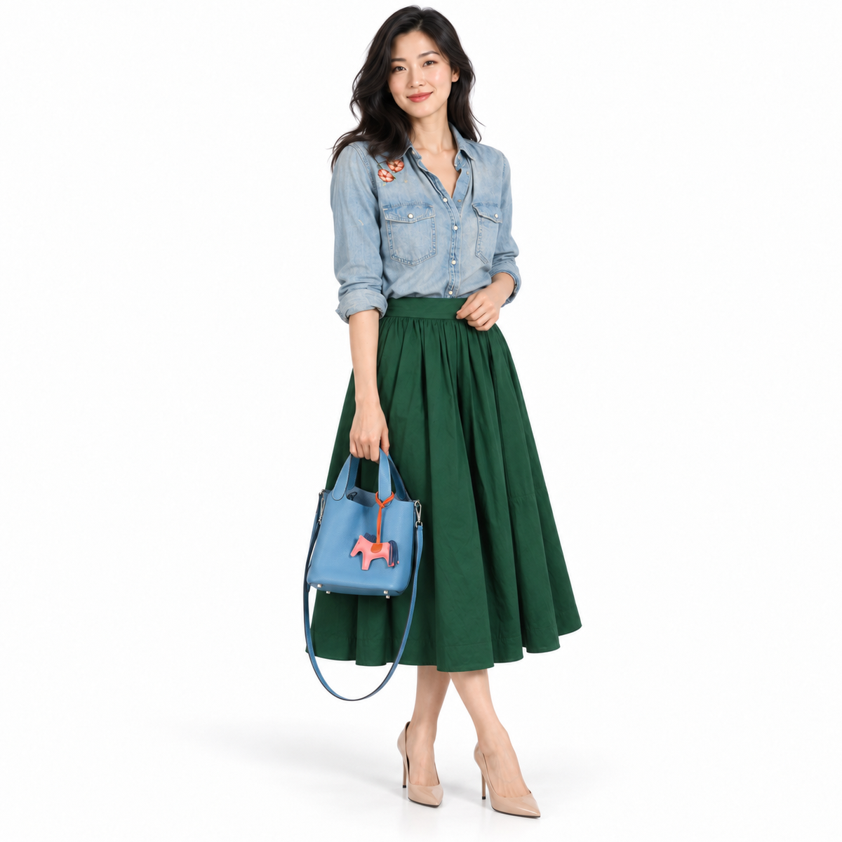 Hermès Picotin Lock PM And Dogon Wallet Blue Jean Combo Togo Palladium Hardware modeled in a white studio