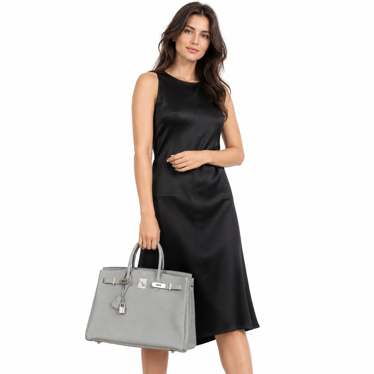 Hermès Birkin 35 Gris Mouette Verso Blue Agate Togo Palladium Hardware — human model studio view 5