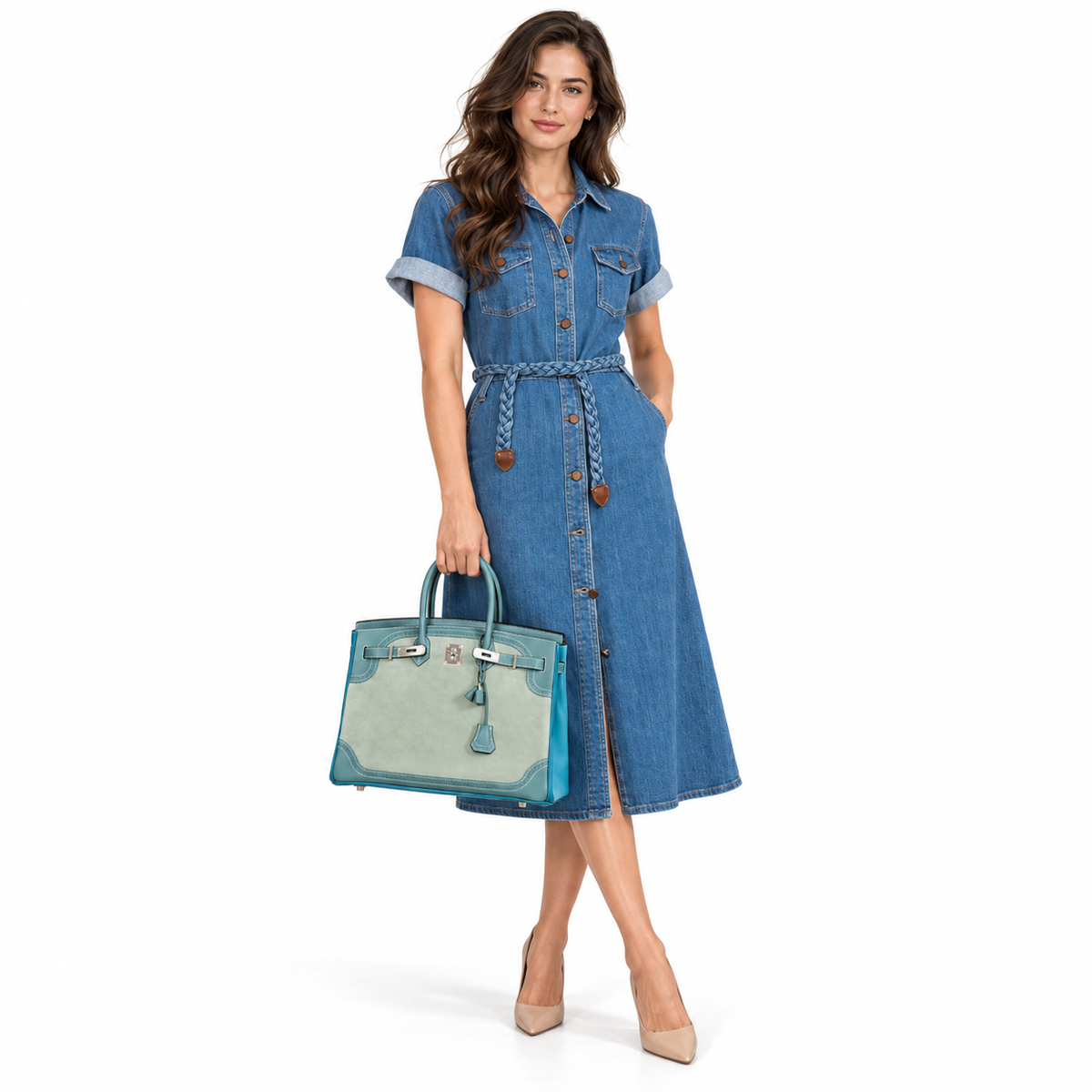 Hermès Birkin 35 "Ghillies" Limited Edition Turquoise & Ciel Evergrain, Swift & Veau Doblis Suede modeled in a white studio