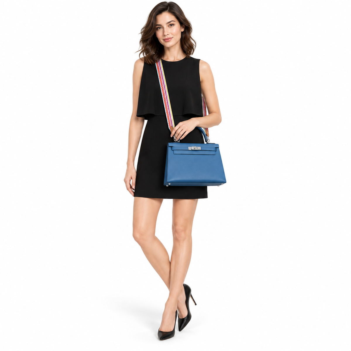 Hermès Kelly 28 Sellier Blue Agate Epsom Palladium Hardware modeled in a white studio