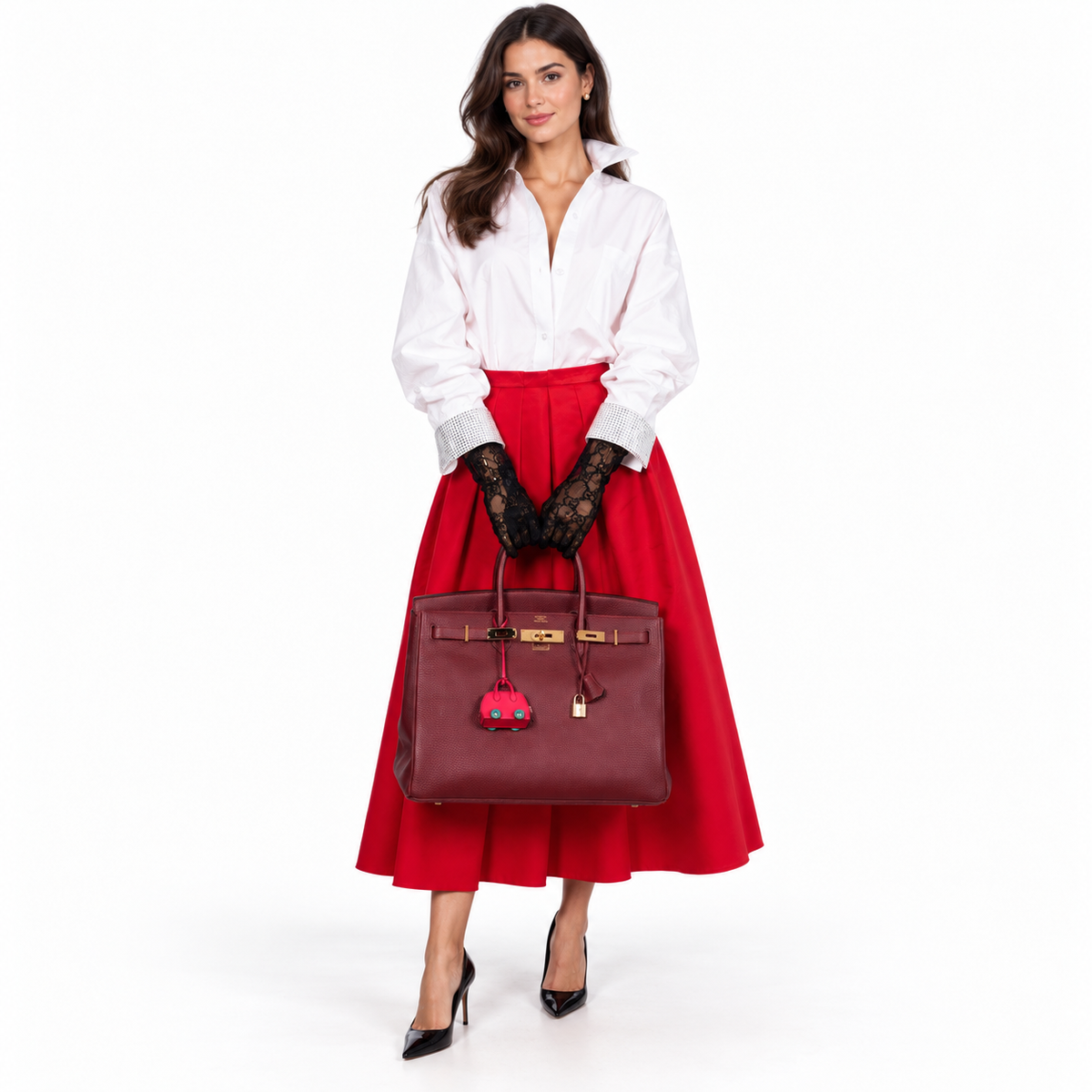 Hermès Birkin 40 Rouge H Vachette Fjord with Gold Hardware shown on a model