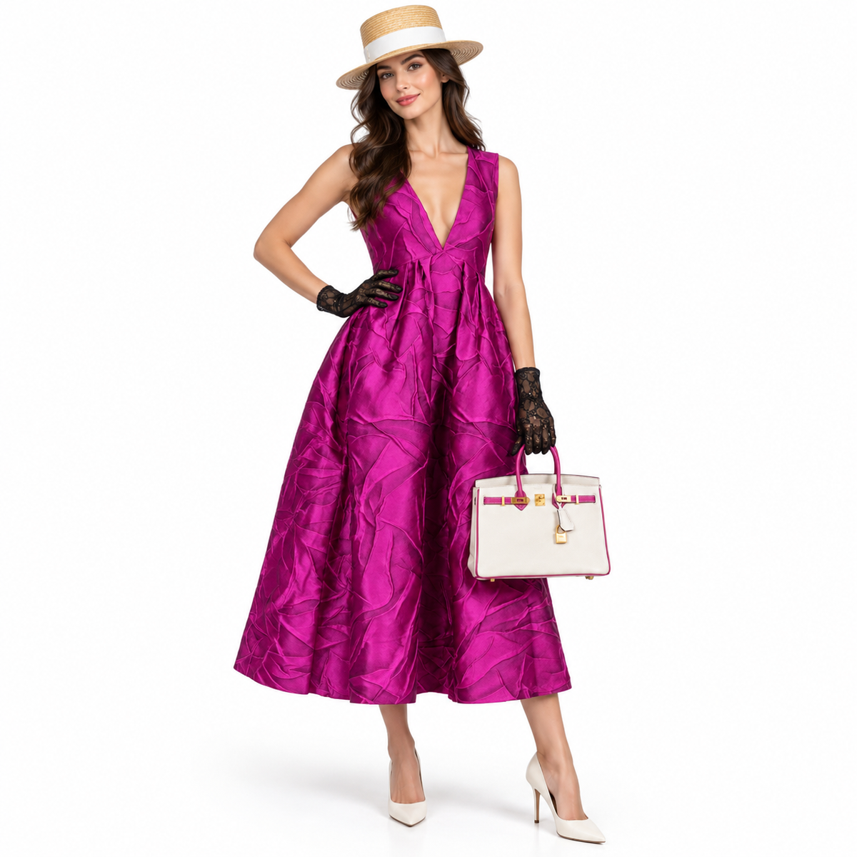 Hermès Birkin 25 HSS Rose Pourpre and Craie Epsom with Brushed Gold Hardware shown on a model