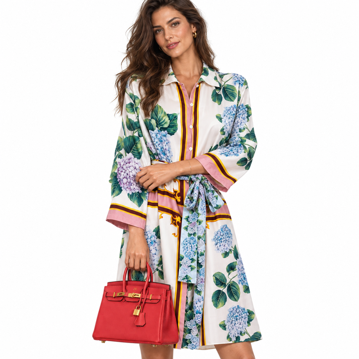 Hermès Birkin 25 Rouge Pivoine Togo Gold Hardware shown on a model