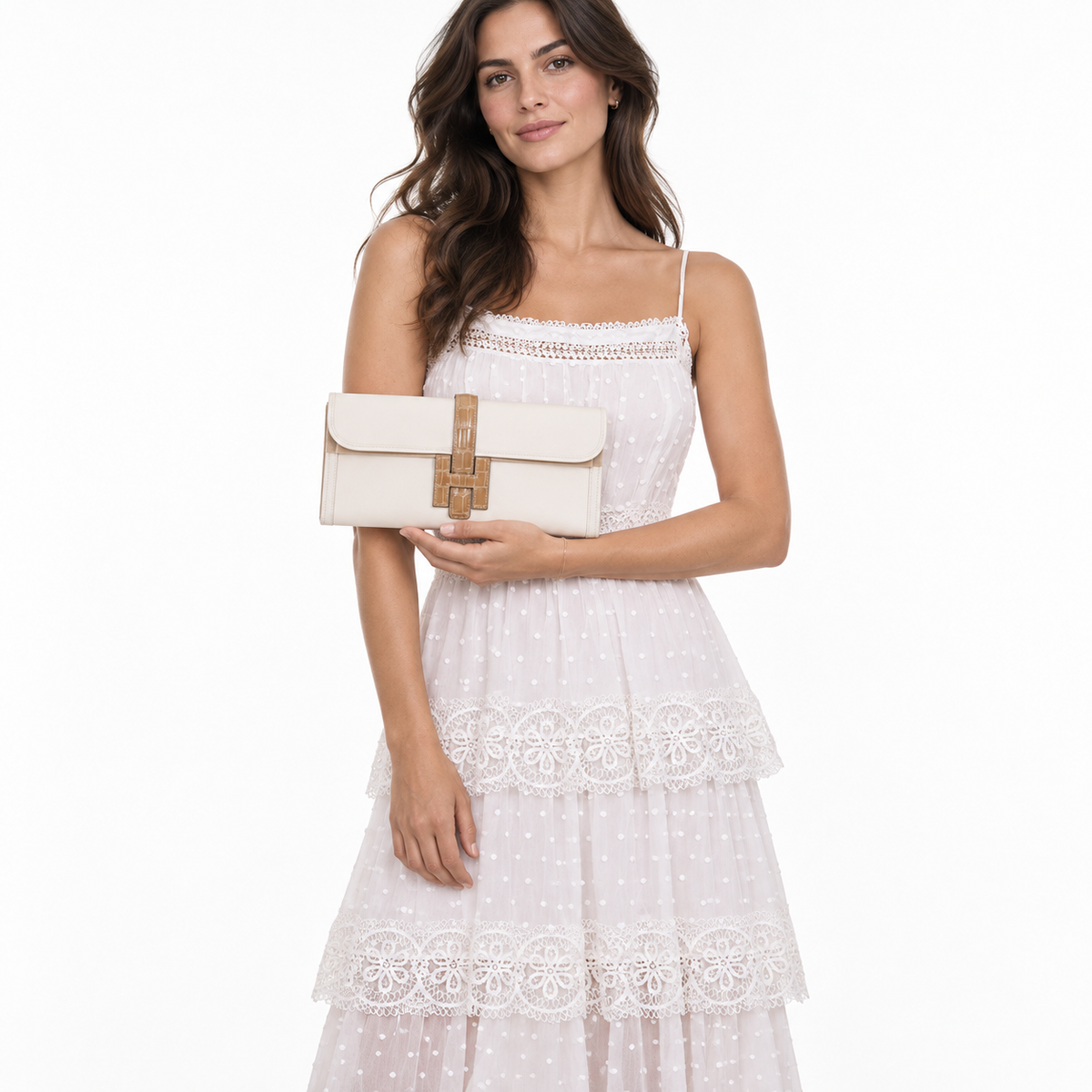 Hermès Jige Elan 29 Touch Nata Beige Swift Leather & Sable Alligator shown on a model