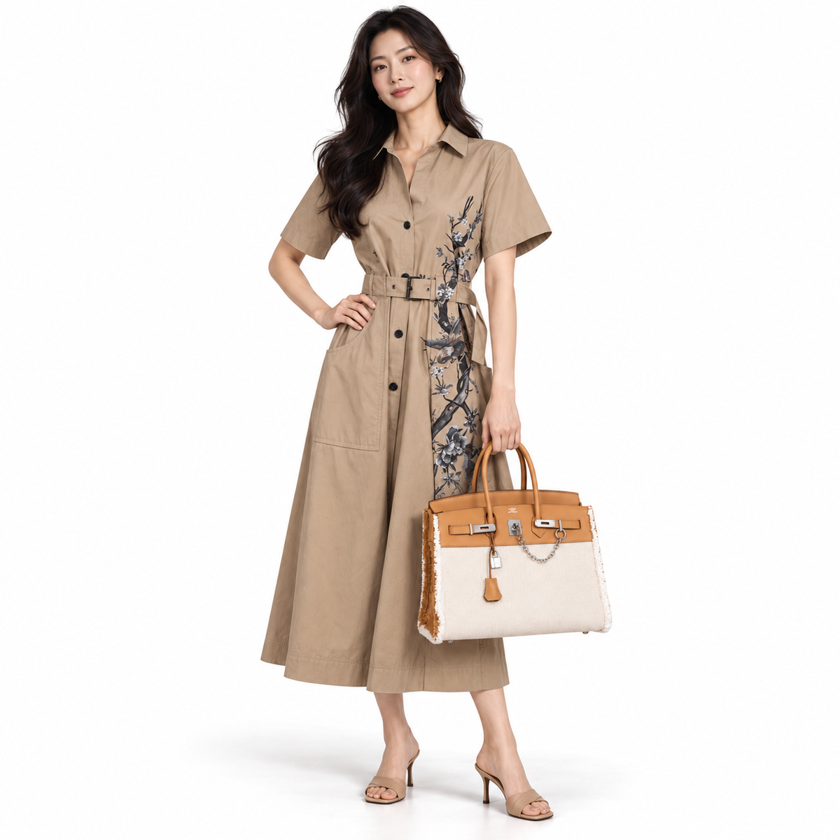 Hermès Fray Fray Birkin 35 Sesame Swift and Toile H with Palladium Hardware shown on a model