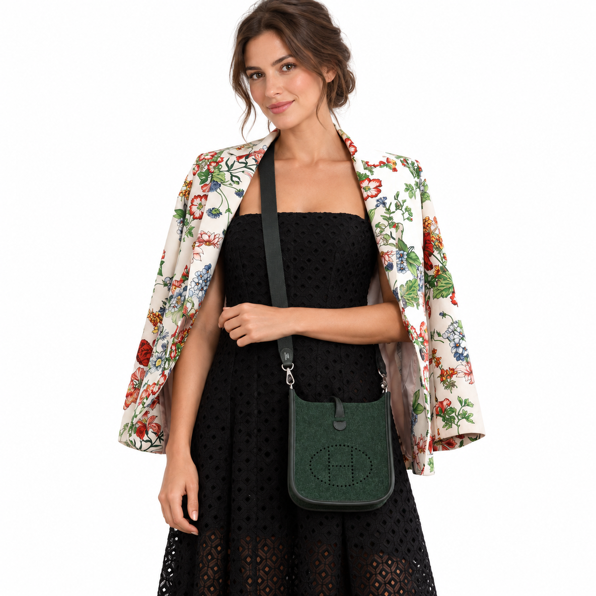 Hermès Evelyne TPM 16 Vert Fonce Feutre Wool & Vert Anglaise Swift Palladium Hardware - 2019 shown on a model