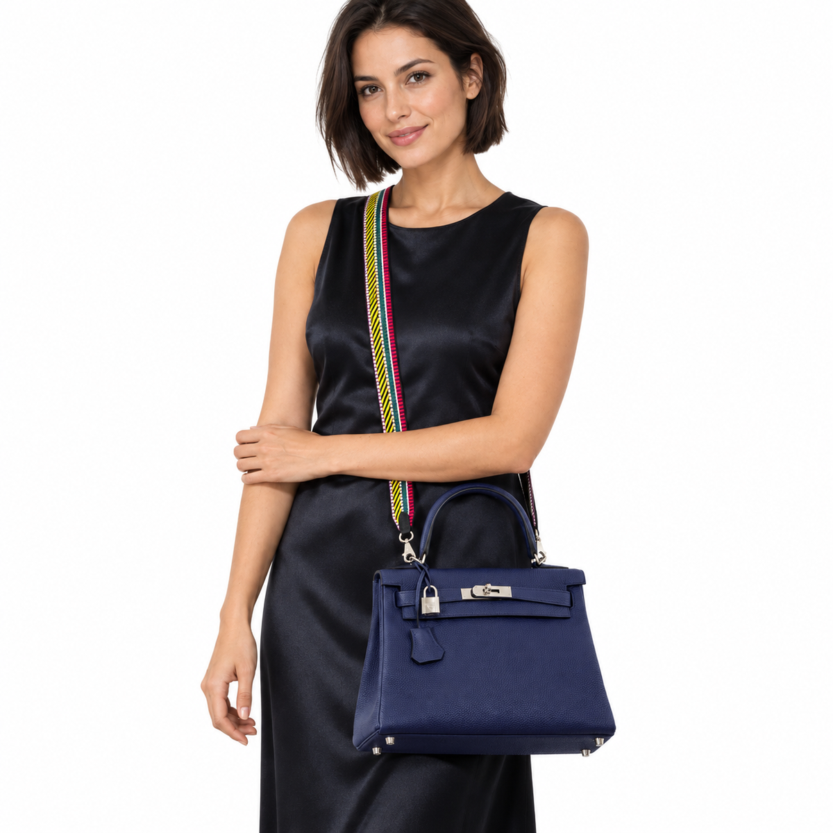 Hermès Kelly 28 Retourne Blue Encre Togo Palladium Hardware shown on a model