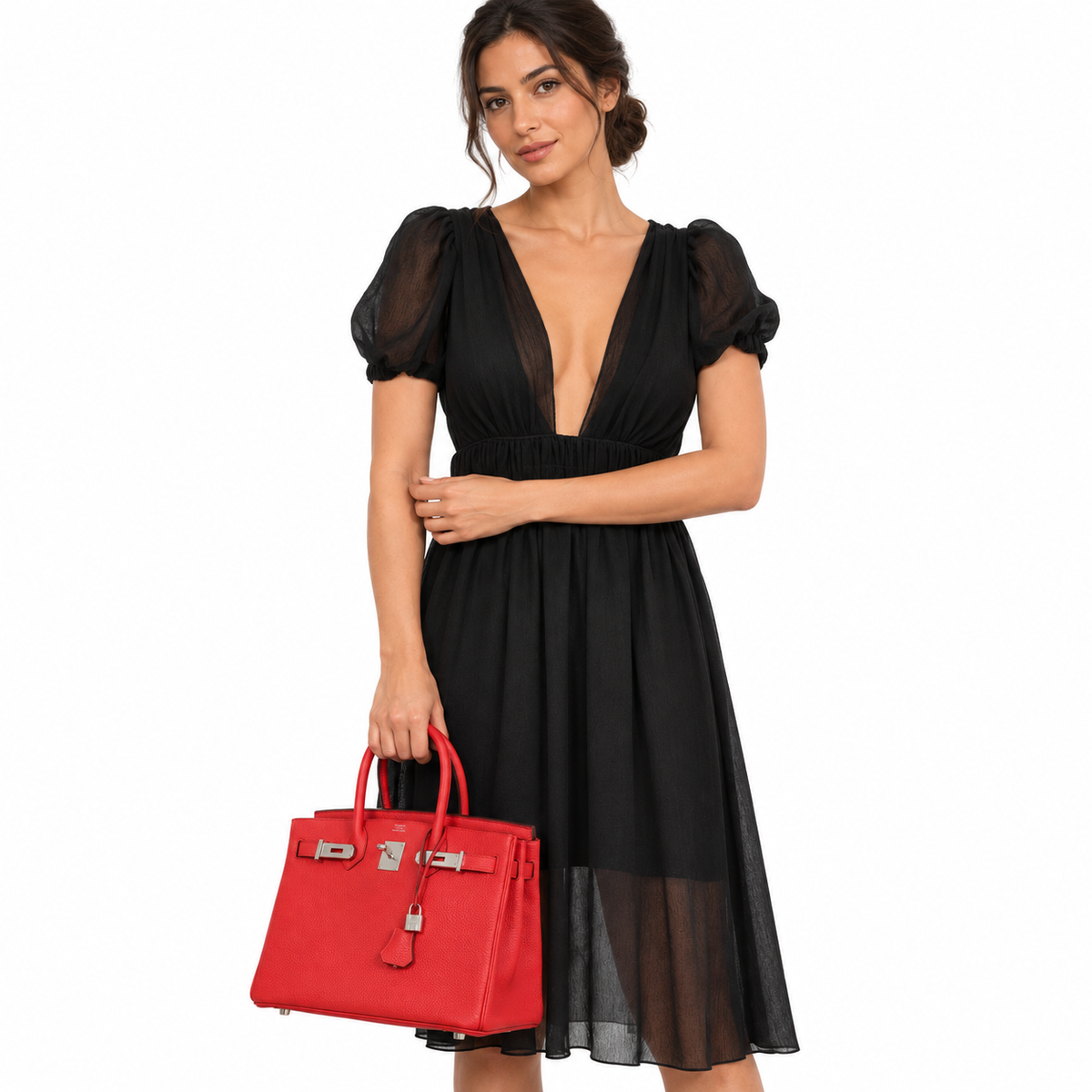 Hermès Birkin 30 Rouge de Coeur Togo Palladium Hardware shown on a model