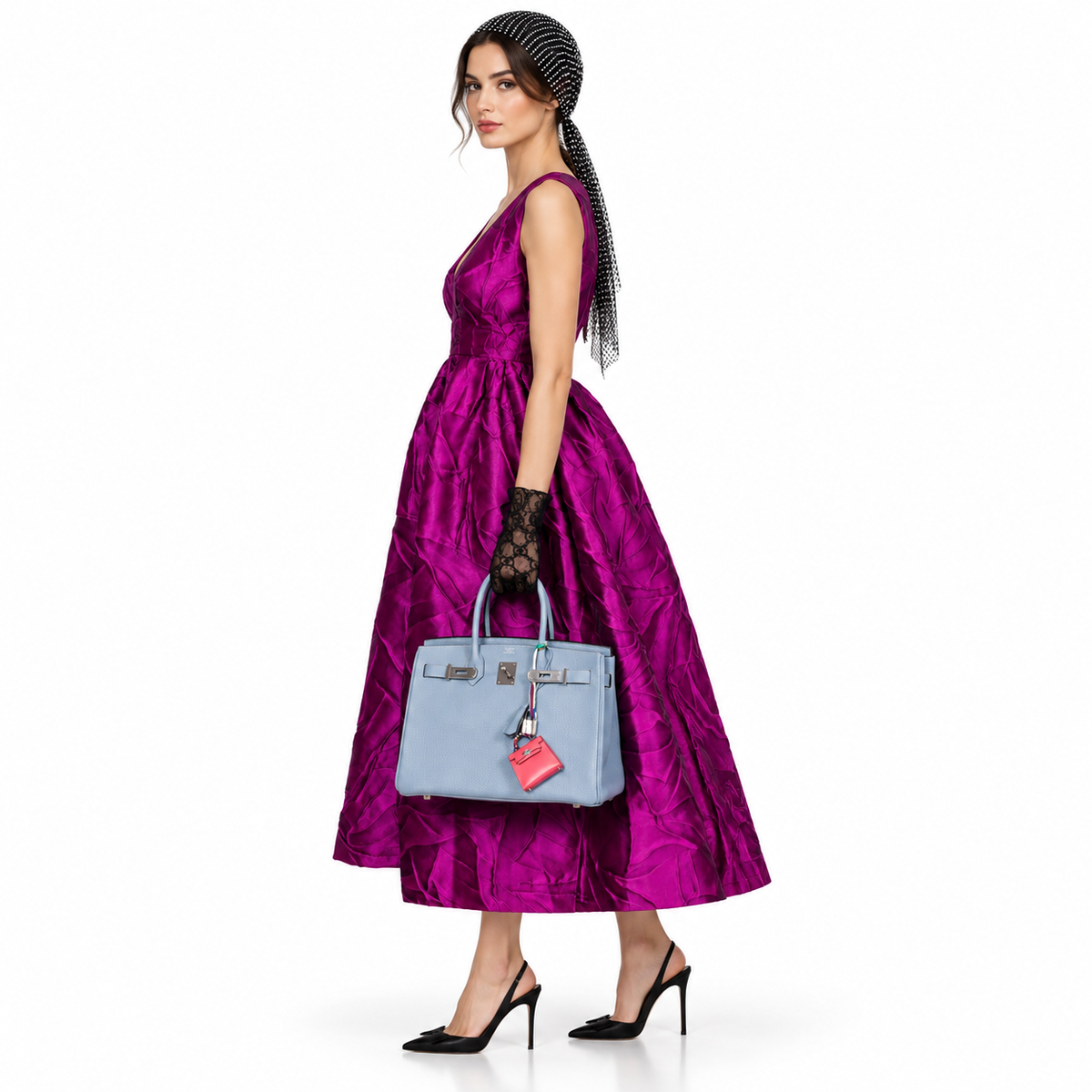 Hermès Birkin 30 Blue Saint Cyr Clemence Palladium Hardware shown on a model