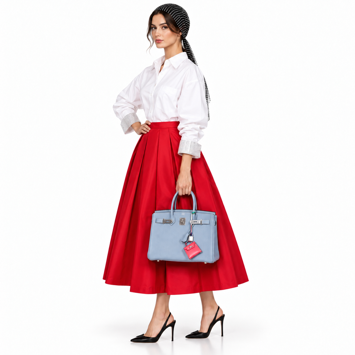 Hermès Birkin 30 Blue Saint Cyr Clemence Palladium Hardware shown on a model