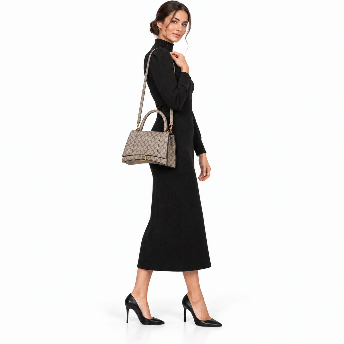 Gucci x Balenciaga GG Supreme Canvas The Hacker Project Medium Hourglass shown on a model