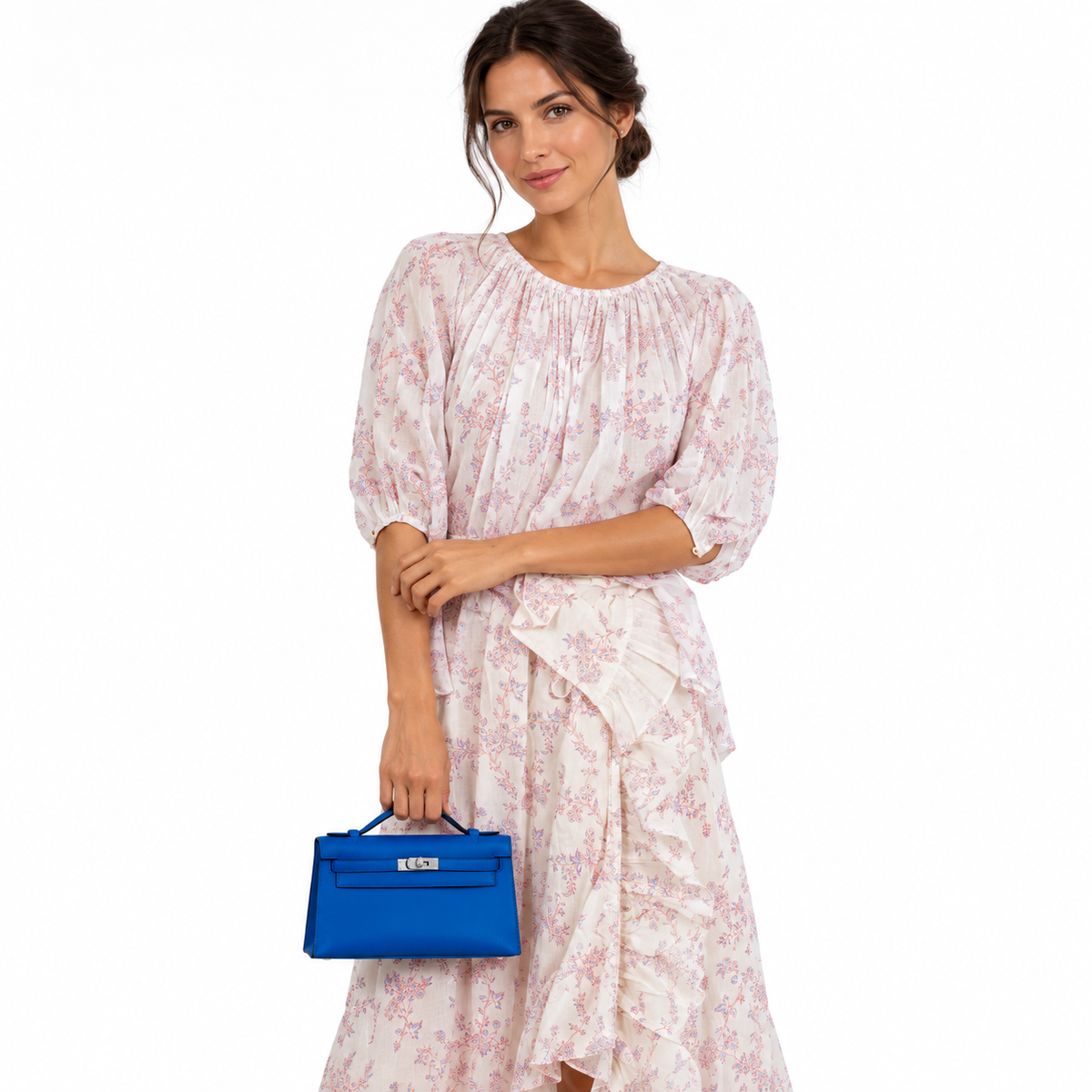 Hermès Kelly Mini Pochette Bleu Zellige Swift Palladium Hardware shown on a model