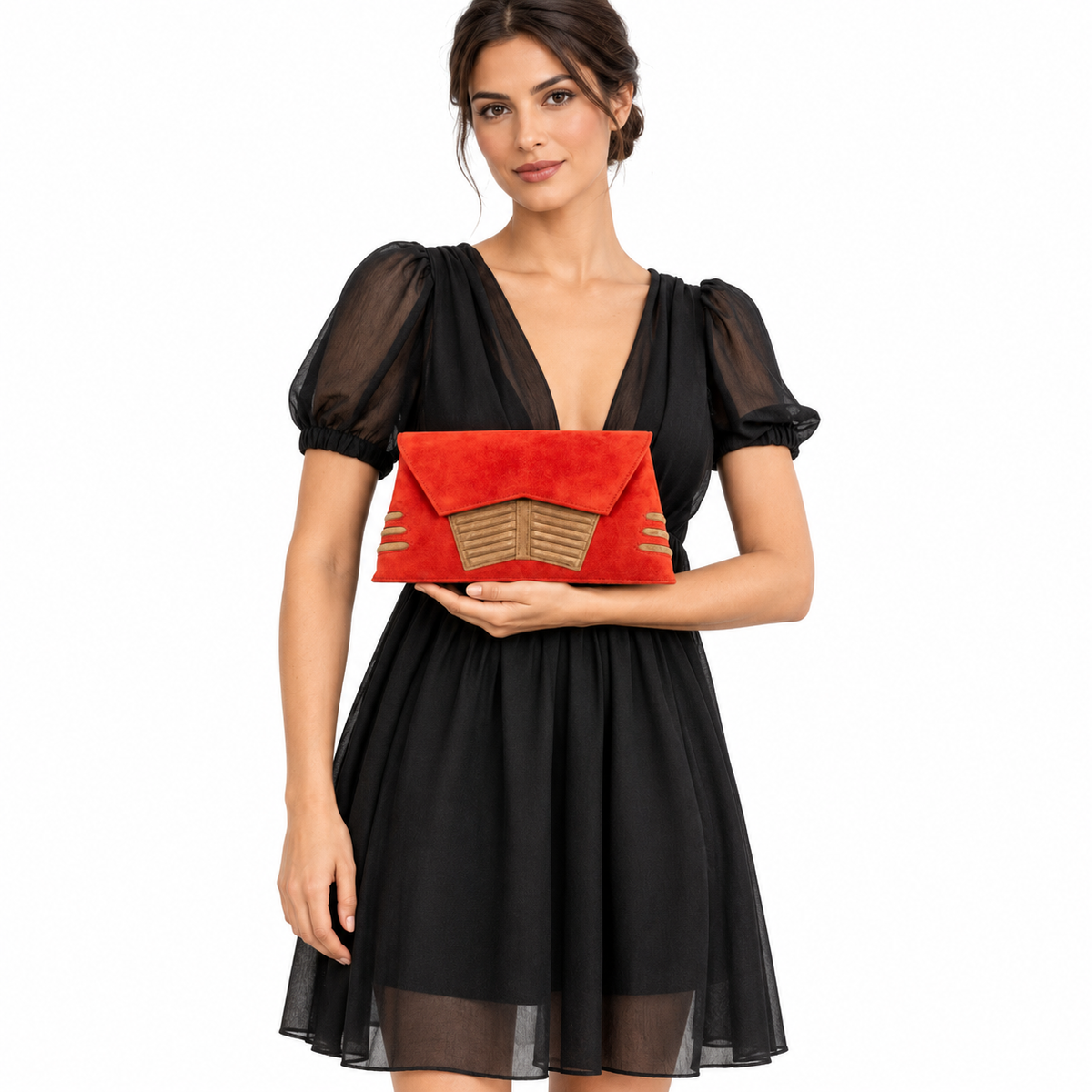 Hermès Shogun Brique & Noisette Doblis Suede “Sac Vader” Clutch shown on a model