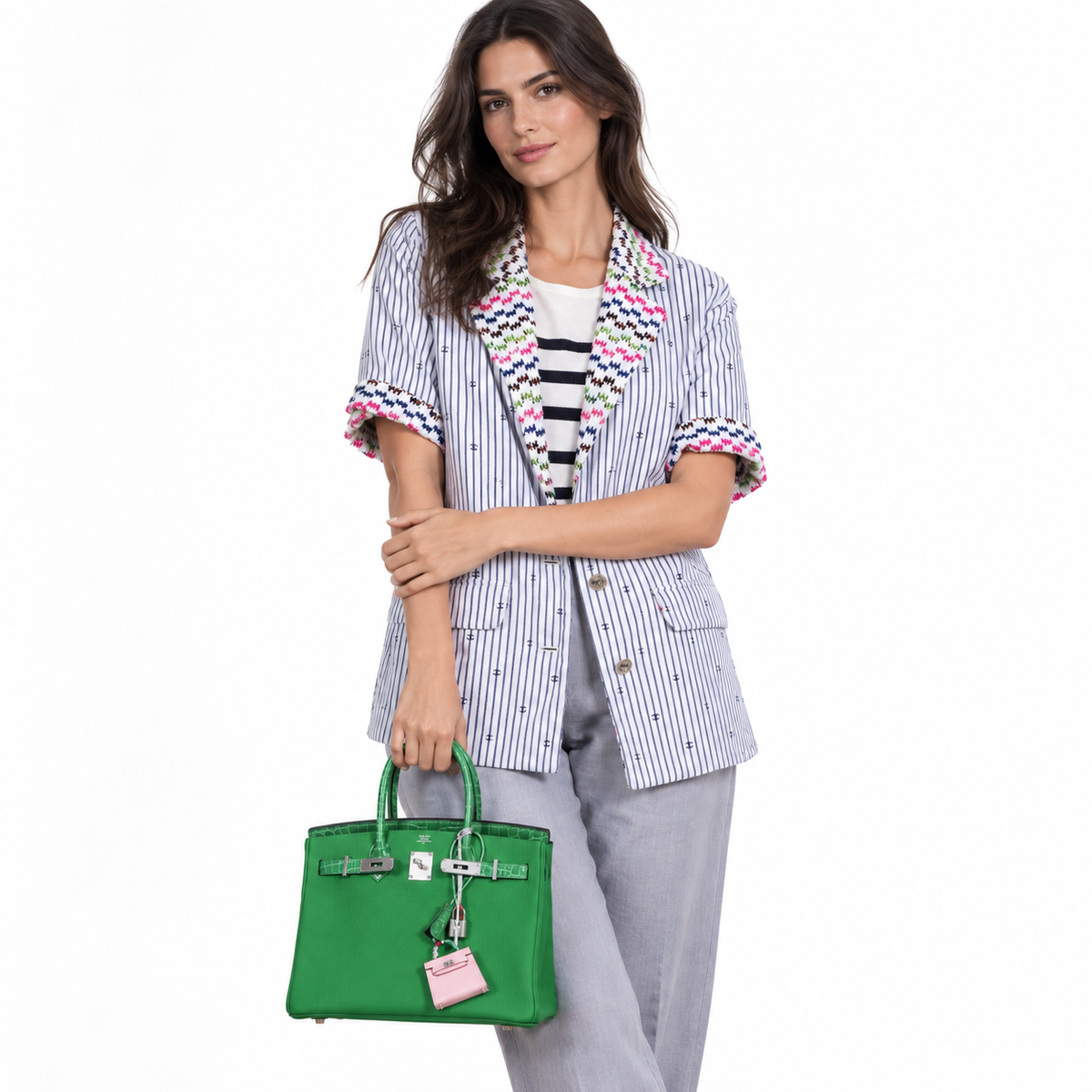 Hermès Birkin Touch 30 Bambou (Bamboo) Togo & Cactus Niloticus Crocodile Palladium Hardware shown on a model
