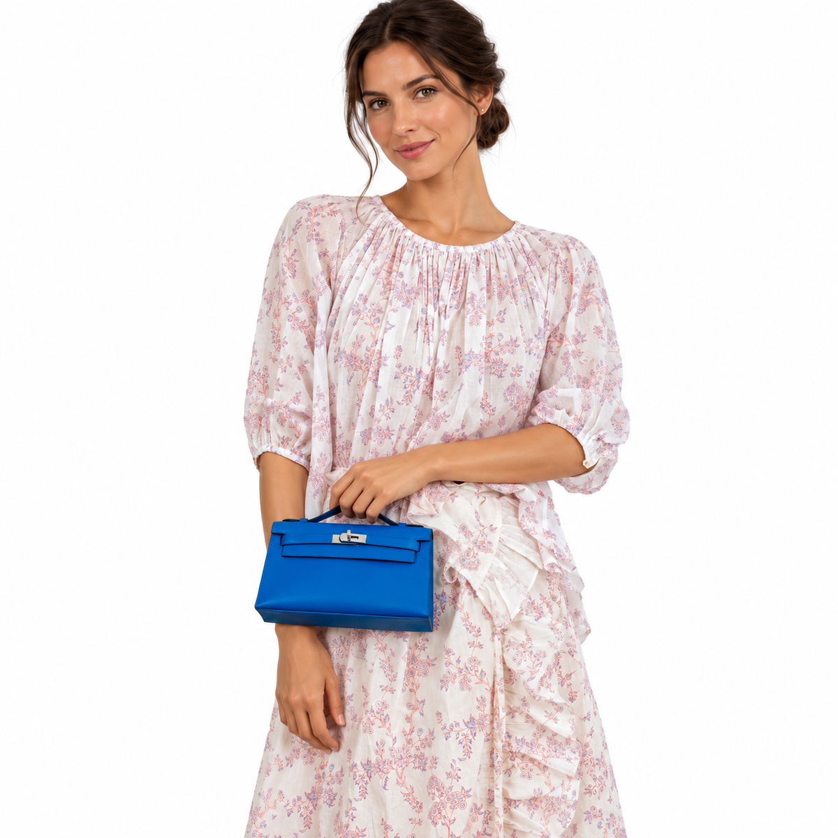 Hermès Kelly Mini Pochette Bleu Zellige Swift Palladium Hardware shown on a model