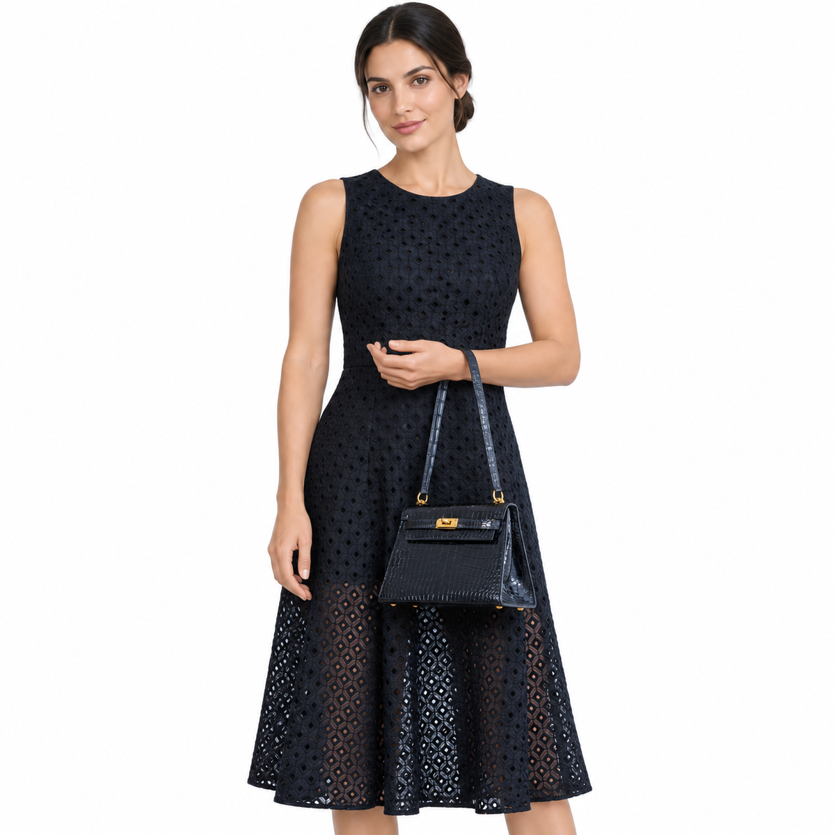 Hermès Kelly 20 Mini Sellier Shoulder Black Porosus Crocodile Gold Hardware - 1981 shown on a model