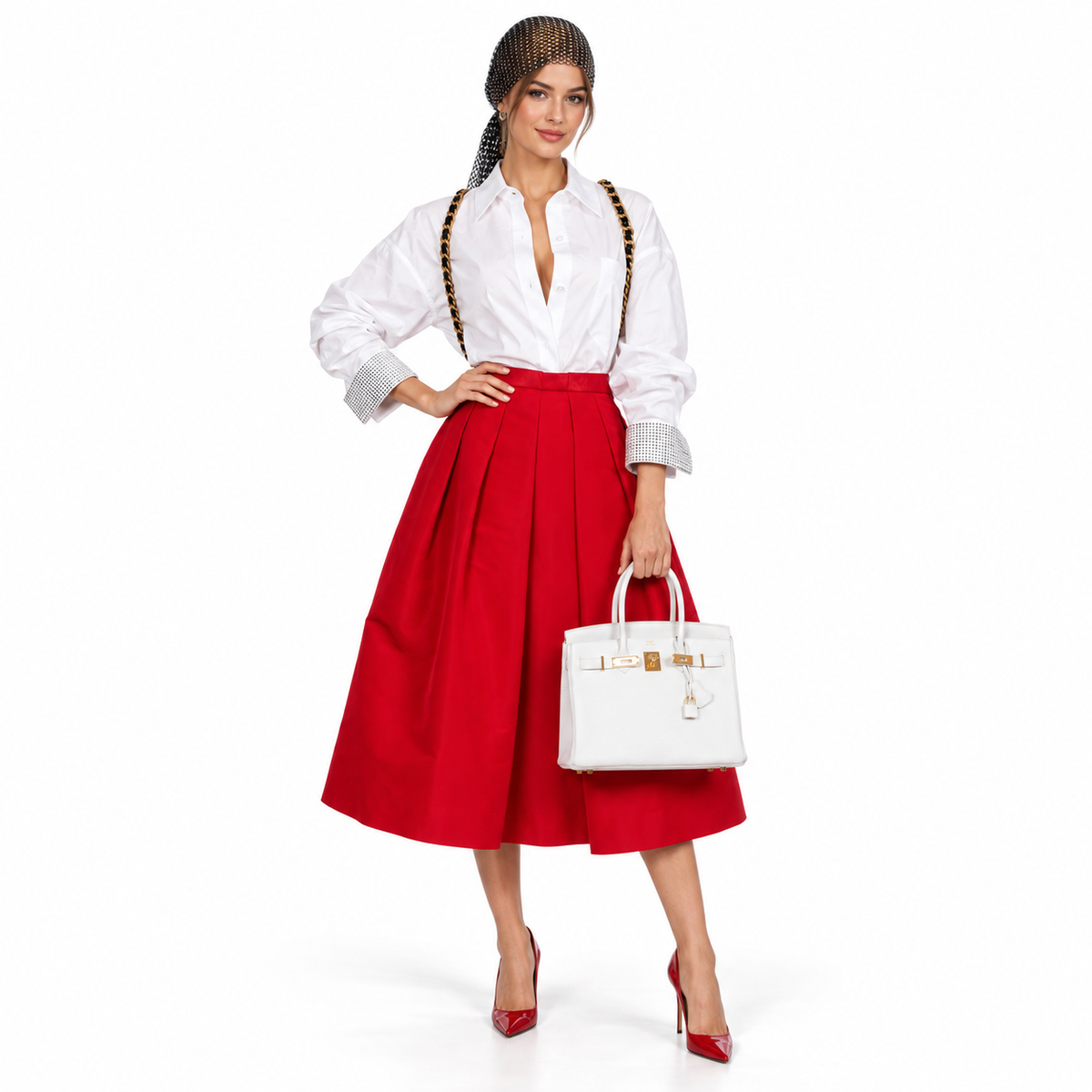Hermès Birkin 30 White Clemence with Gold Hardware shown on a model