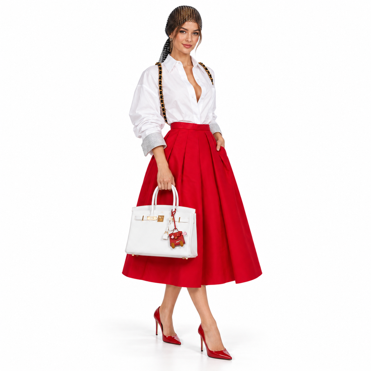 Hermès Birkin 30 White Clemence with Gold Hardware shown on a model