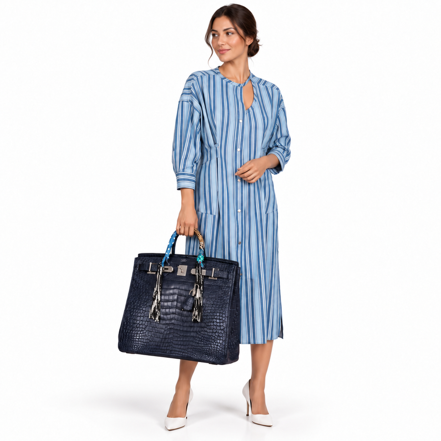 Hermès HAC Birkin 40 Blue Marine Matte Porosus Crocodile Palladium Hardware shown on a model