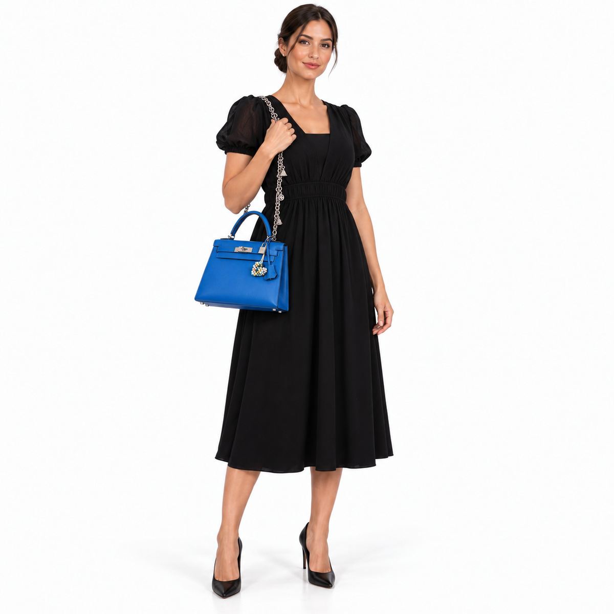 Hermès Kelly 28 Sellier Blue France Epsom leather Palladium Hardware shown on a model