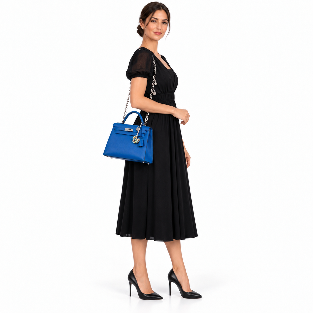 Hermès Kelly 28 Sellier Blue France Epsom leather Palladium Hardware shown on a model