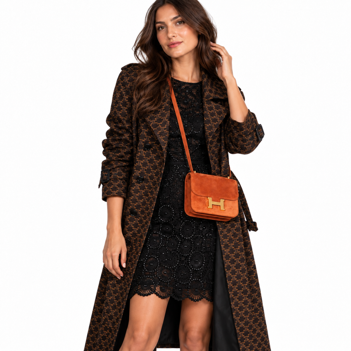 Hermès Constance 18 Paprika Doblis Suede with Gold Hardware shown on a model
