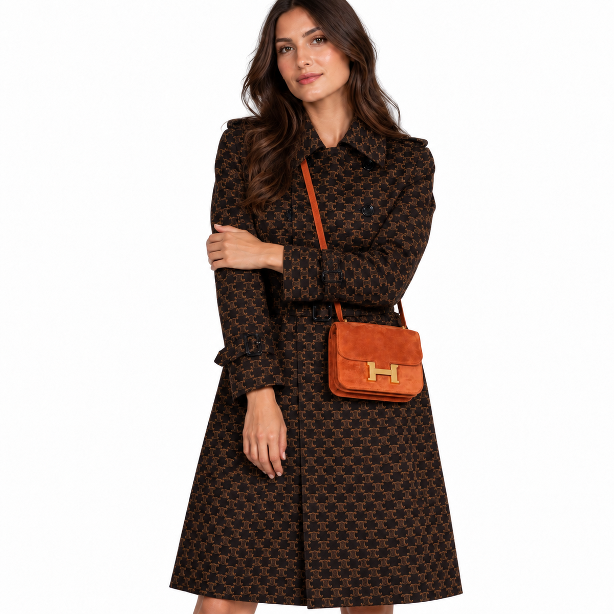 Hermès Constance 18 Paprika Doblis Suede with Gold Hardware shown on a model