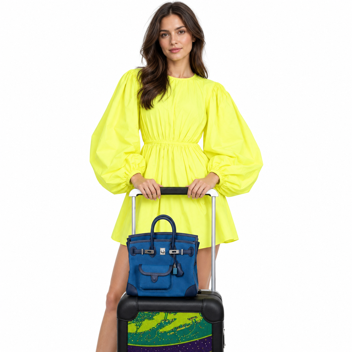 Hermès Cargo Birkin 25 Blue Egee Toile Goeland & Navy Swift Palladium Hardware shown on a model