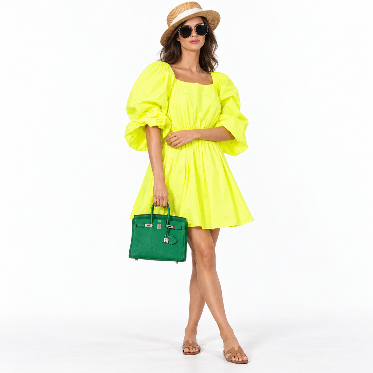 Hermès Birkin 25 Bambou (Bamboo) Green Togo with Palladium Hardware shown on a model