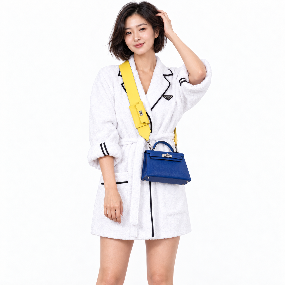 Hermès HSS Kelly 20 Mini II Sellier Blue Electric & Black Interior Epsom Palladium shown on a model