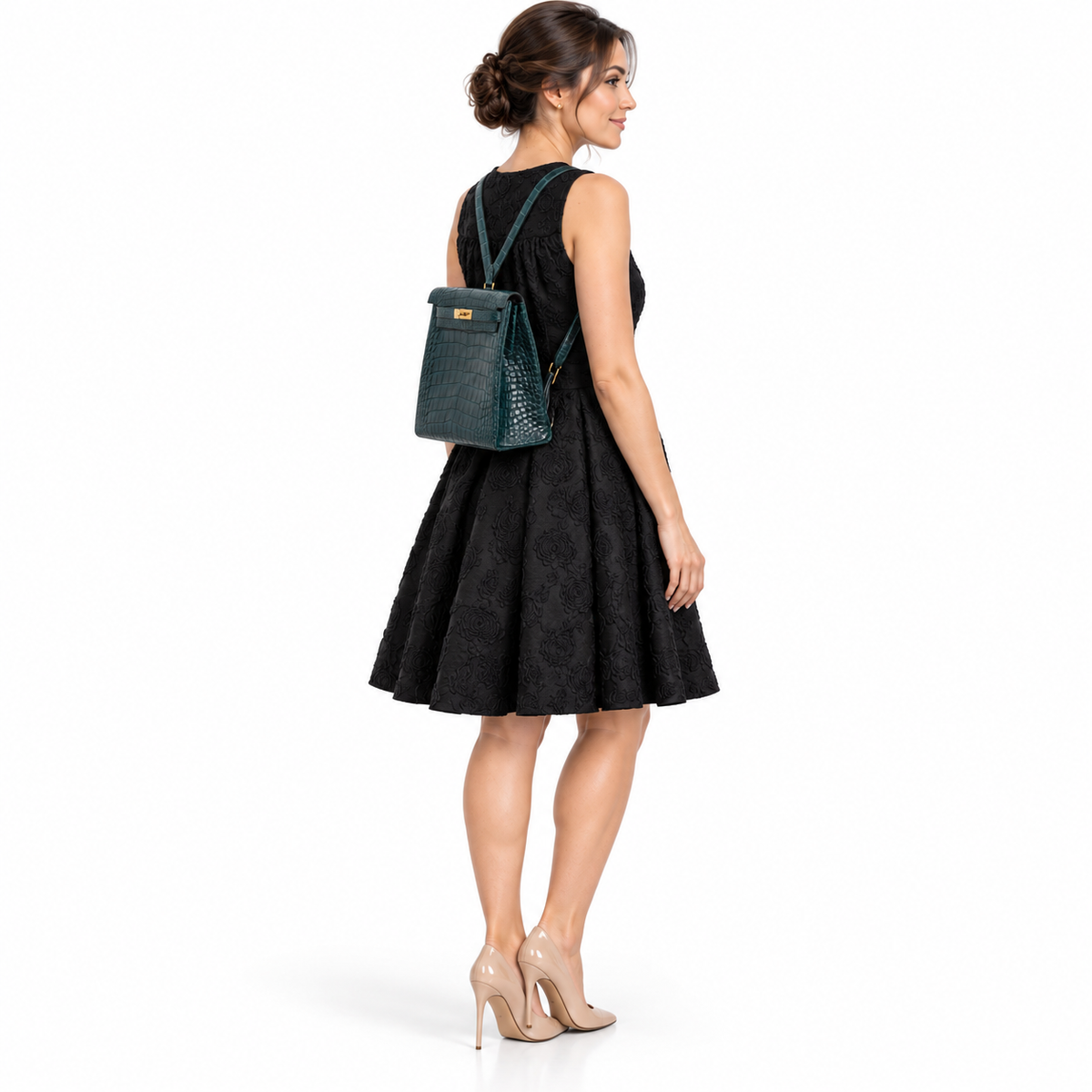 Hermès Kelly 22 Ado Backpack Vert Vertigo Alligator Gold Hardware shown on a model