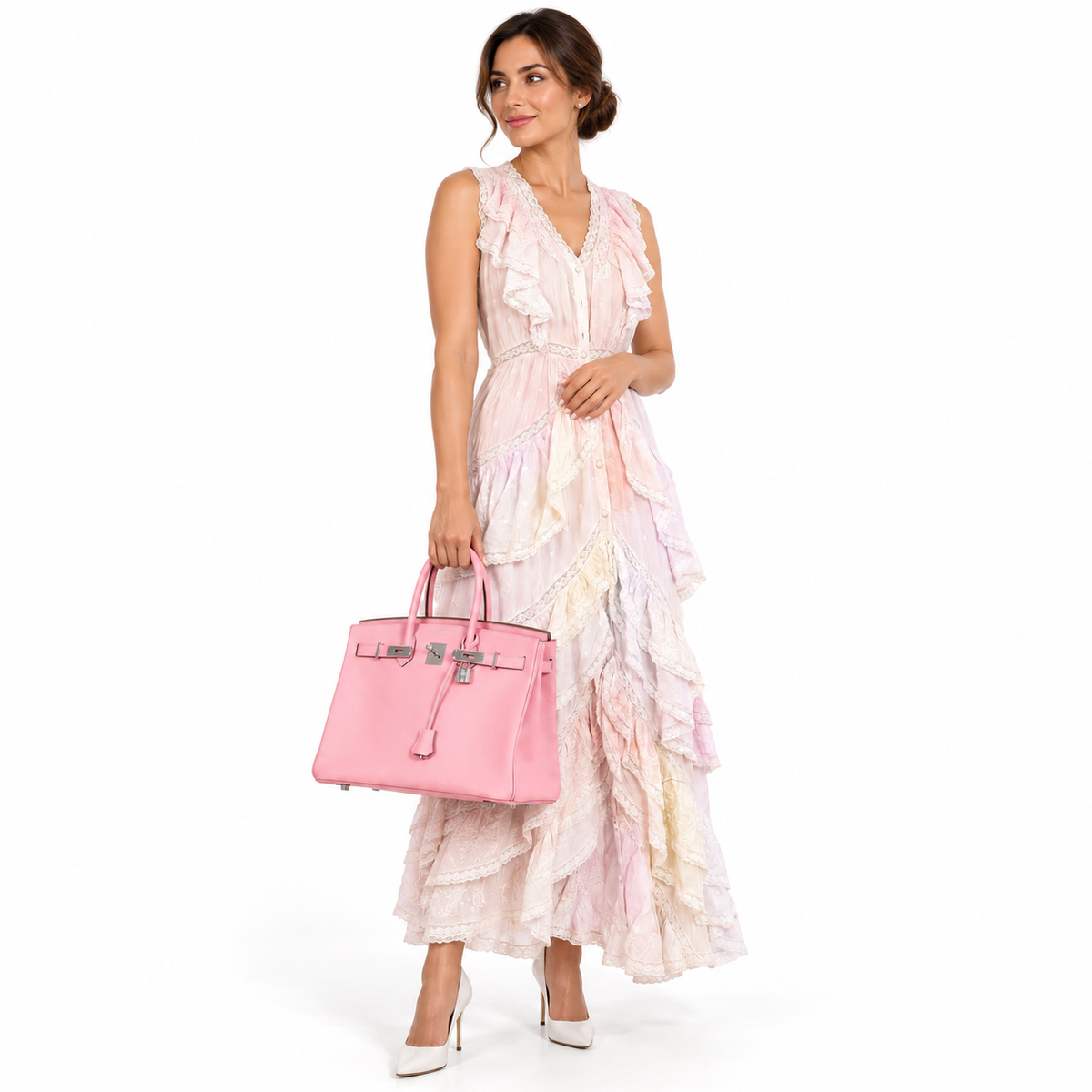 Hermès Birkin 35 Rose Confetti Epsom Palladium Hardware - T shown on a model