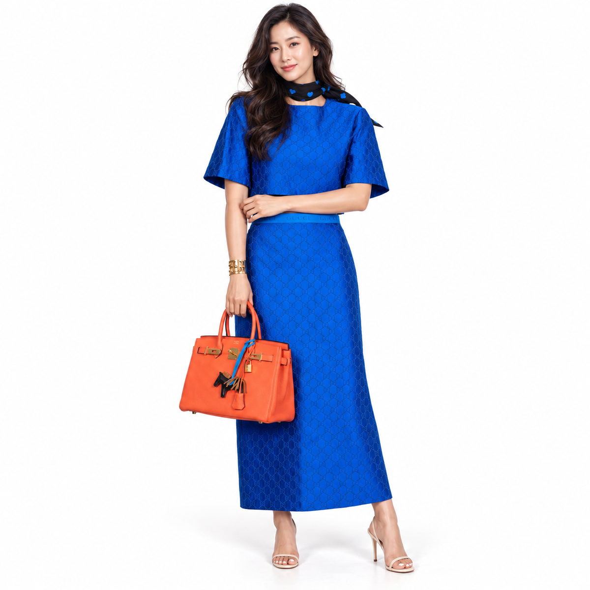 Hermès Birkin 30 Orange Poppy Togo Gold Hardware shown on a model