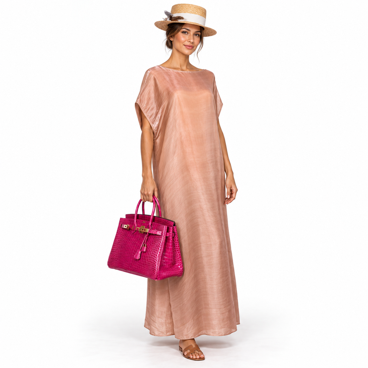Hermès Birkin 35 Fuchsia Porosus Crocodile with Gold Hardware shown on a model